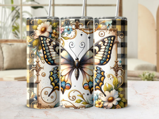 Tangerine and blue butterfly on a floral background with plaid accents.