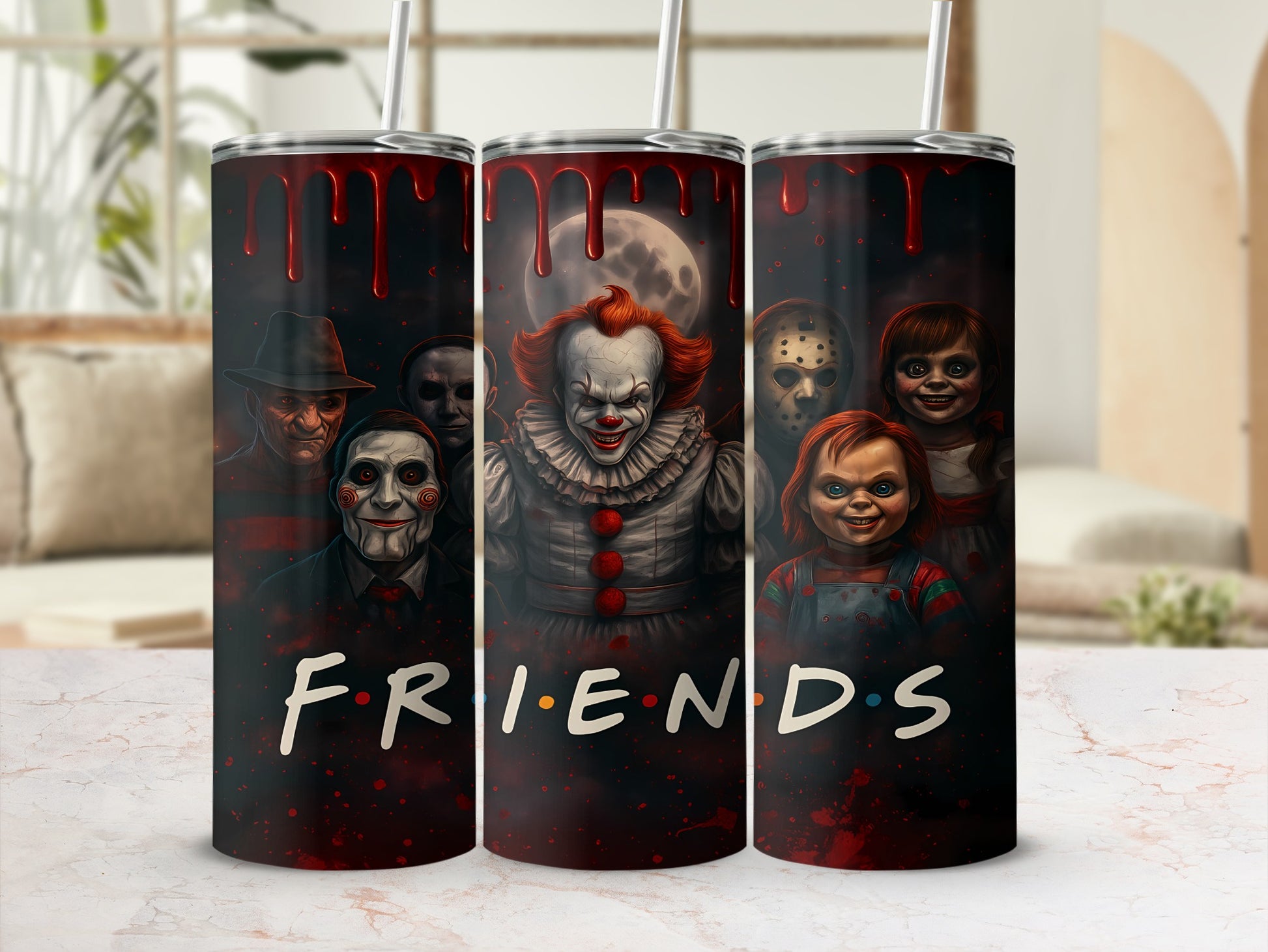 Horror villains collage on a tumbler with the word "FRIENDS" in the Friends logo font.