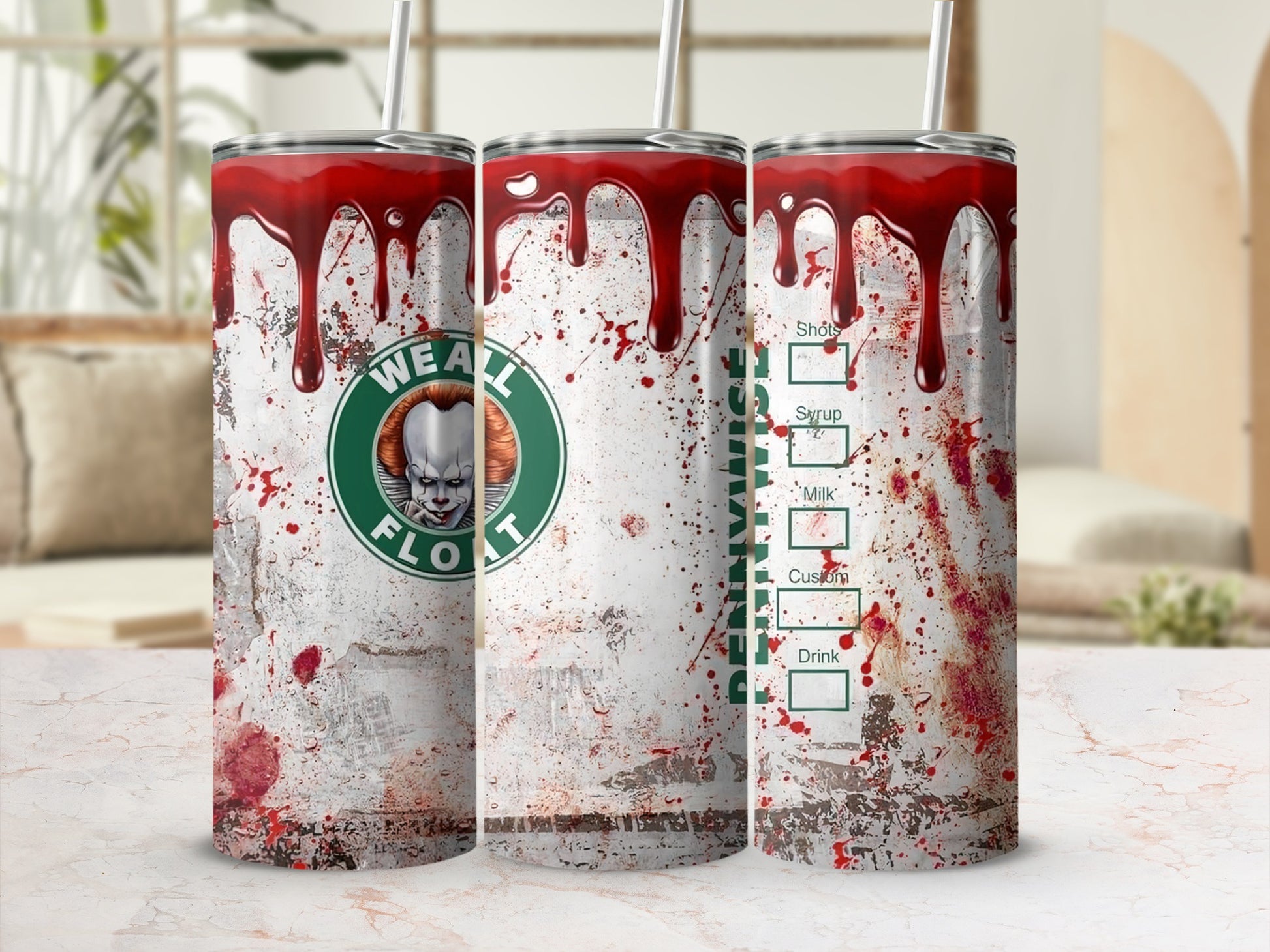 Pennywise tumbler with red liquid drips and Starbucks-like menu.