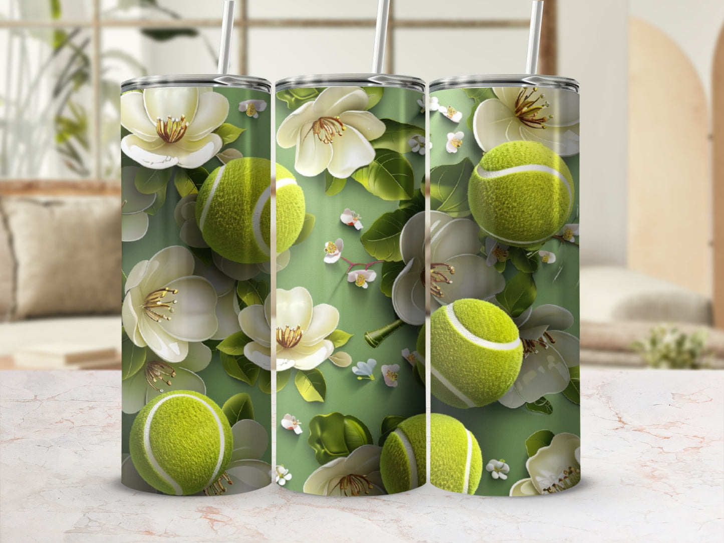 Tennis ball and floral pattern on three tumblers.