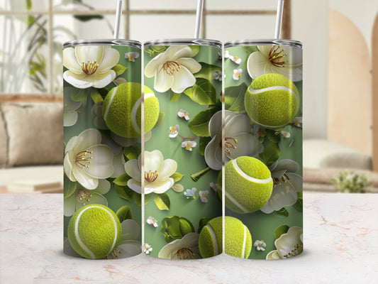 Tennis ball and floral pattern on three tumblers.