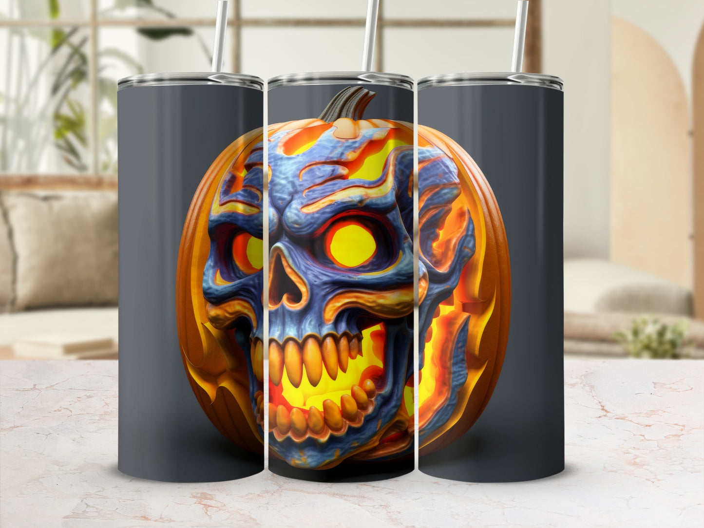 Tumbler with a carved pumpkin design featuring a skull with glowing yellow eyes.