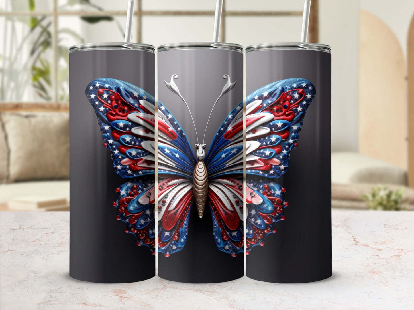 Tumbler with a patriotic butterfly design in red, white, and blue.