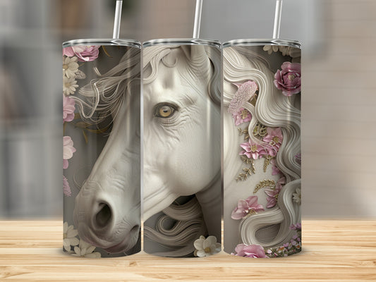 White horse bust with floral embellishments on three tumblers.