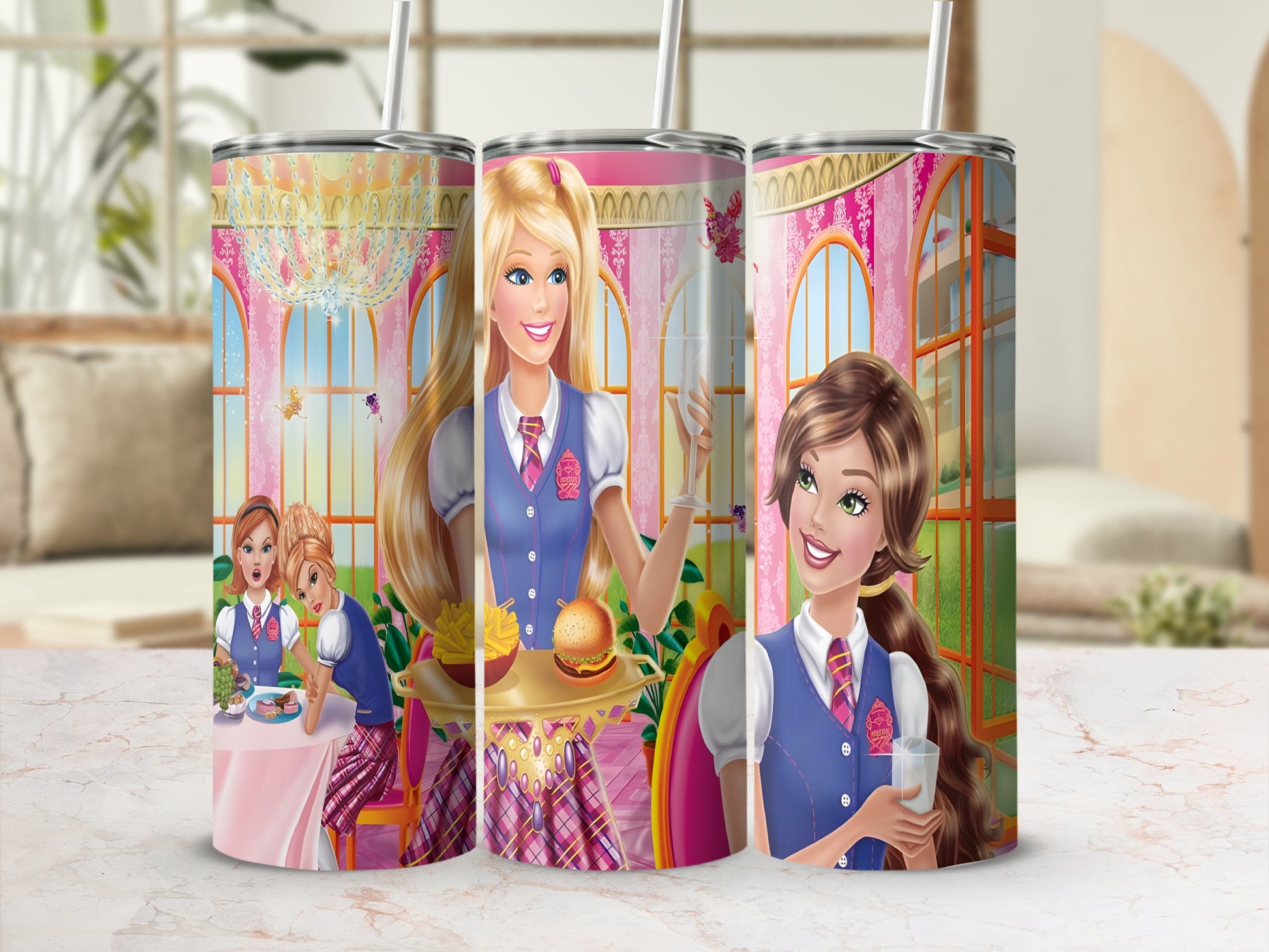 Three Barbie tumblers with uniformed characters and castle background.