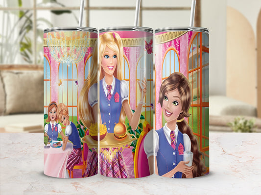 Three Barbie tumblers with uniformed characters and castle background.