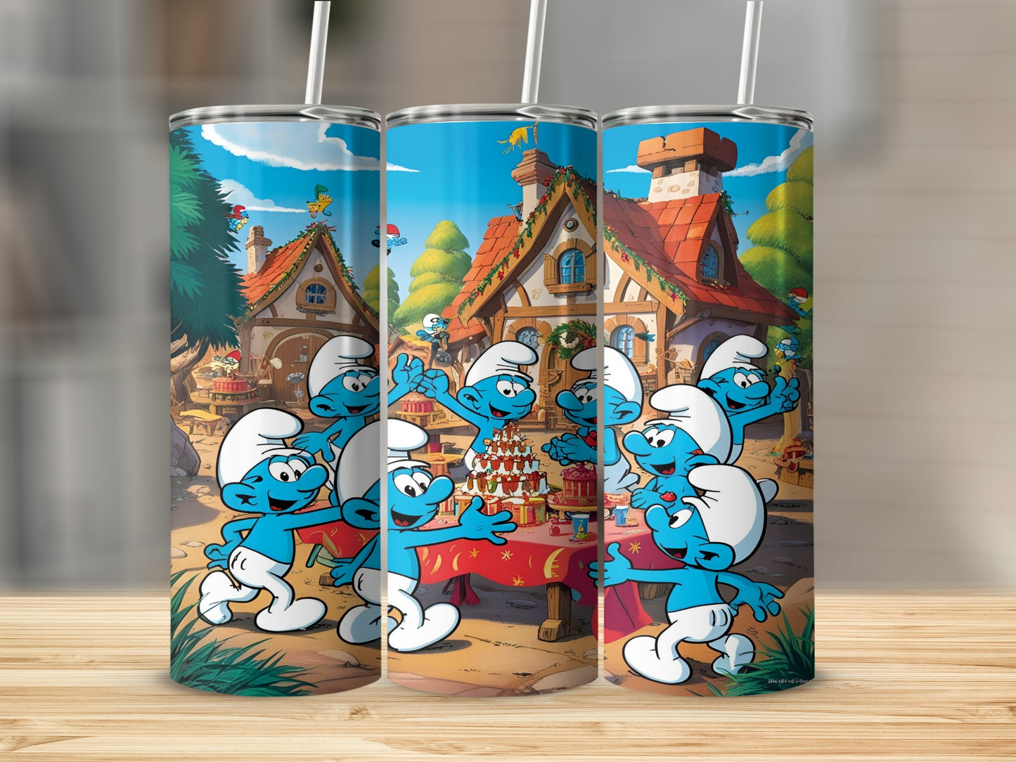Smurfs celebrating around a cake in a village setting.
