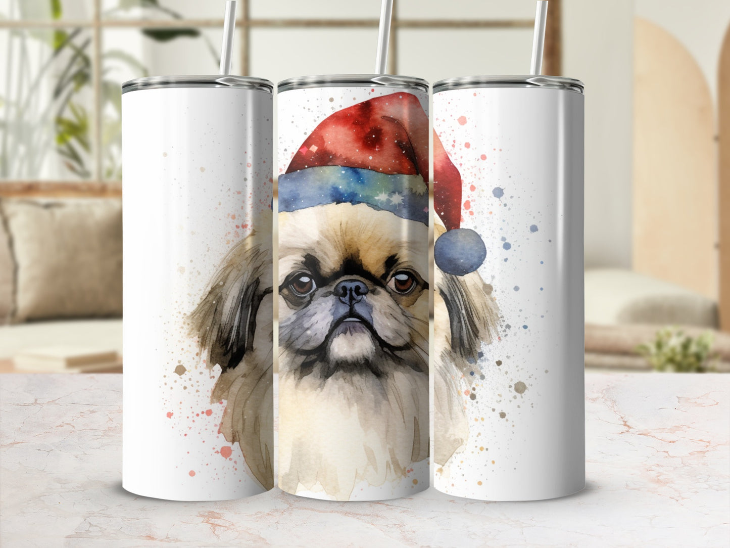 Santa hat wearing pug dog tumbler with watercolor splatter effect.