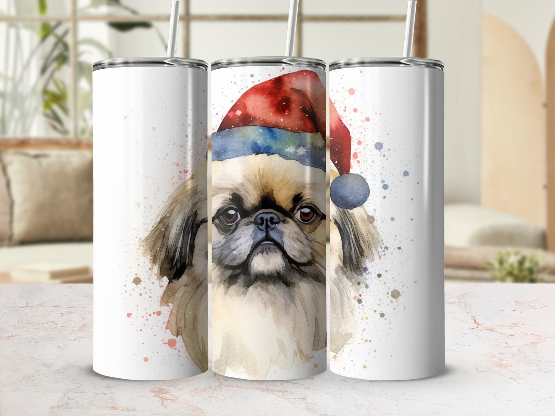 Santa hat wearing pug dog tumbler with watercolor splatter effect.