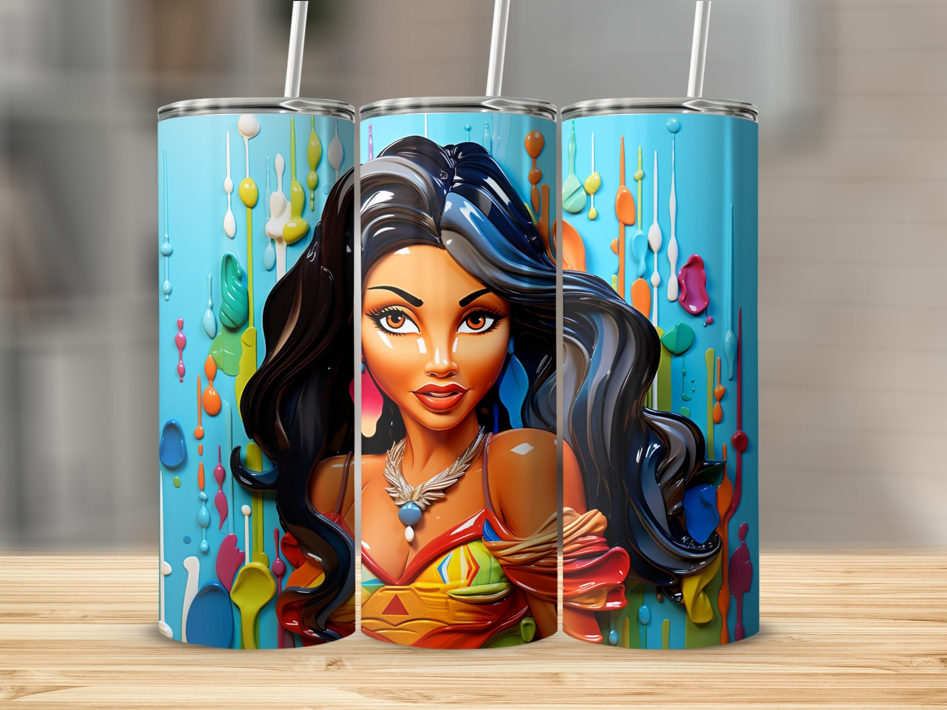 Colorful Artistic Woman Tumbler with Straw Drinkware