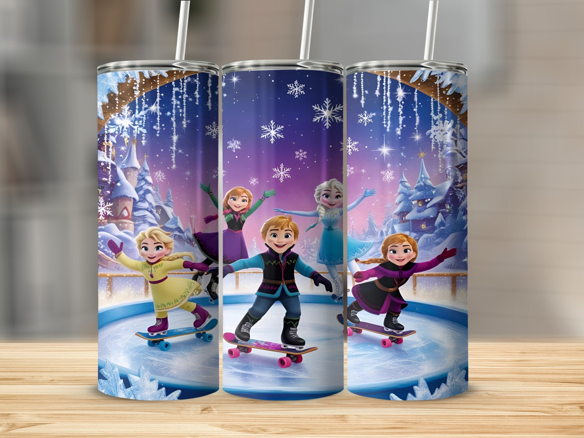 Frozen characters ice skating with snow and castle background.