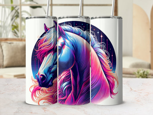 Tumbler with vibrant horse illustration, framed by colorful mane and stars.