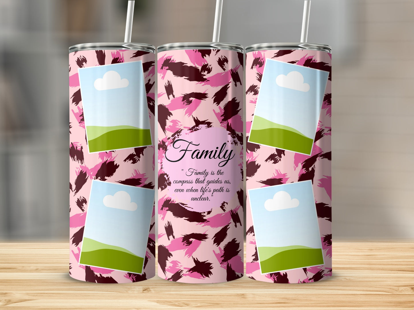 Pink camouflage tumbler with family quote and four photo placeholders.