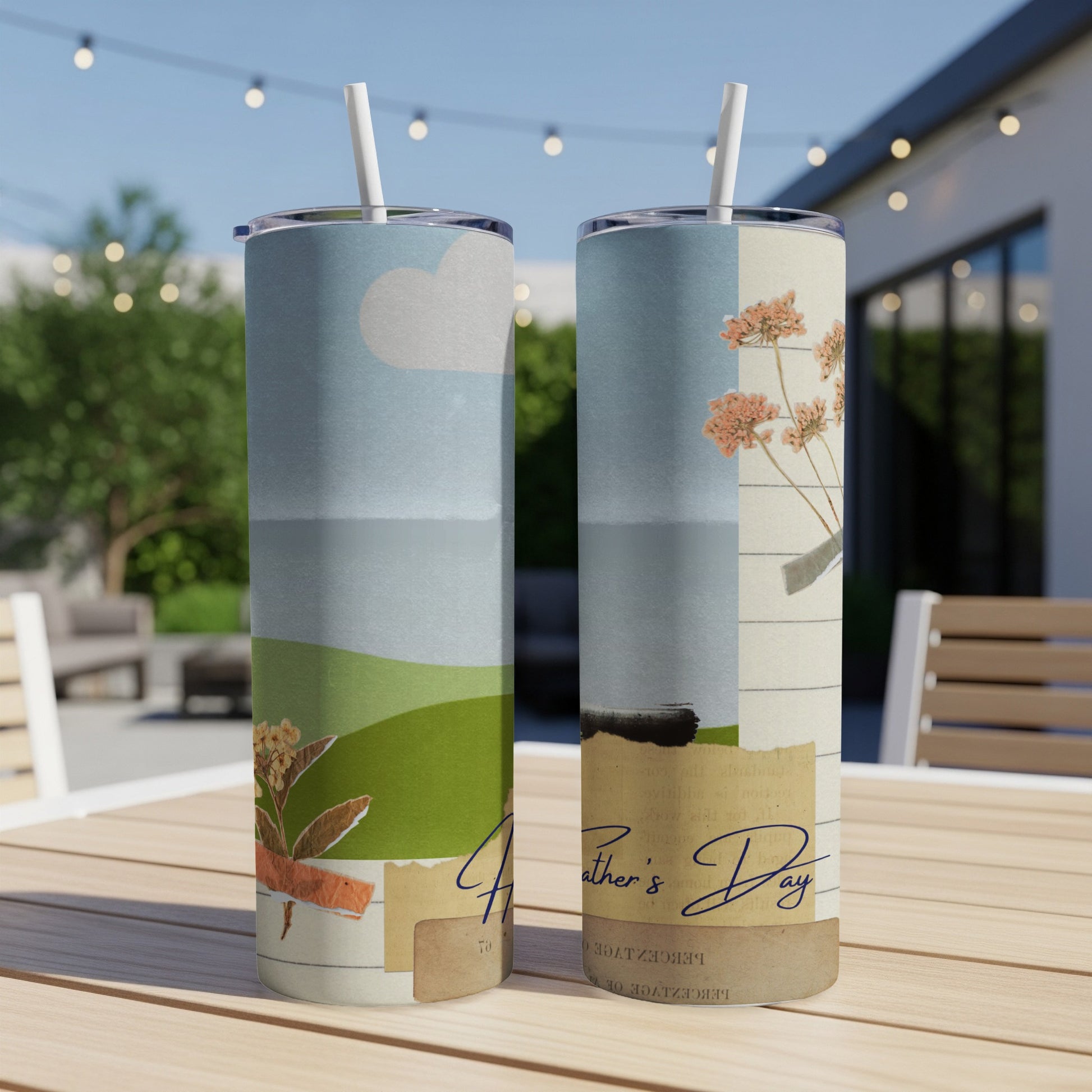 Two tumblers with "Father's Day" text and floral collage design.