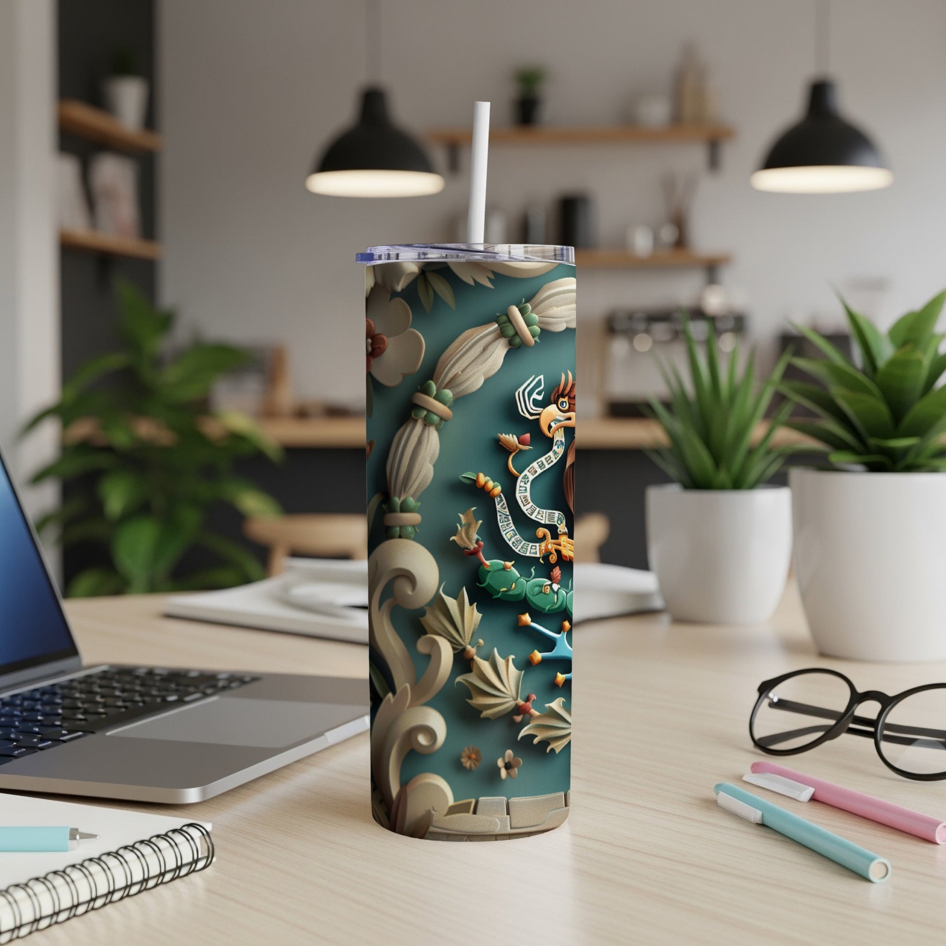 Dragon and floral design on a tall, insulated tumbler with a straw.