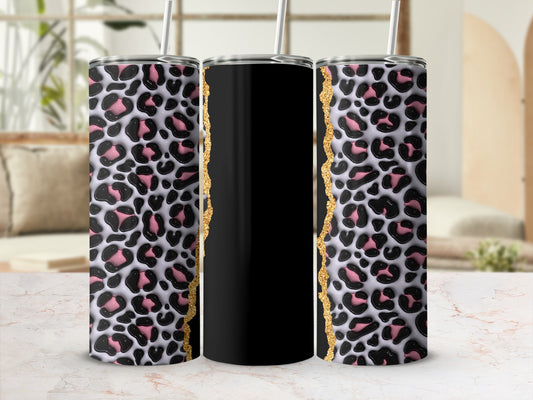 Three tumblers with leopard print and gold accents, one black.