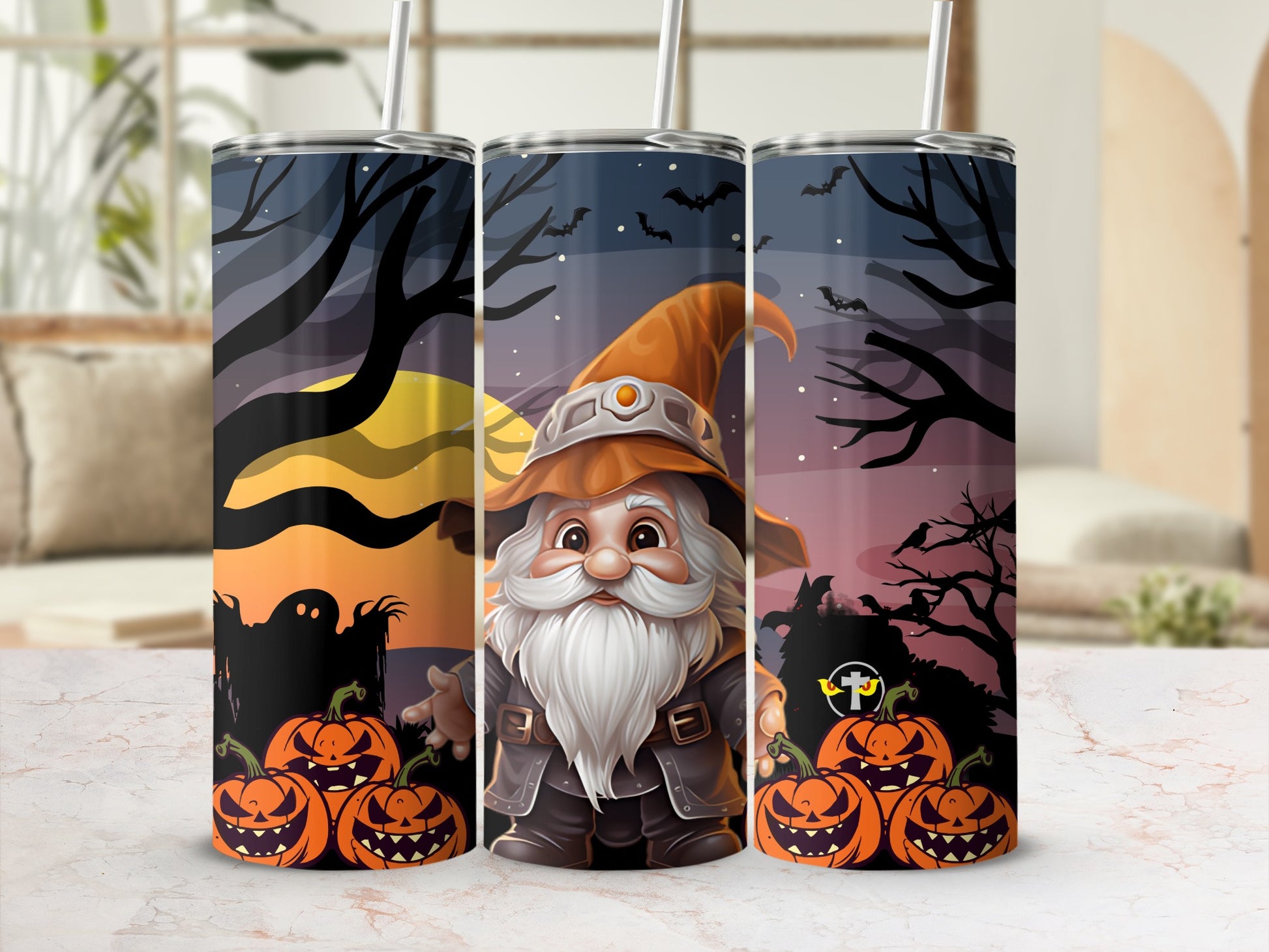 Halloween Gnome with Pumpkins and Bat Background Tumbler