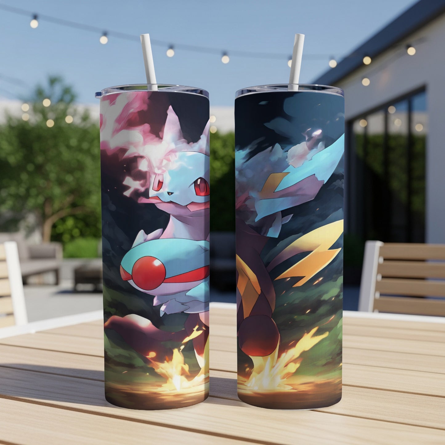 Two tumblers featuring Pokémon characters and fiery, dynamic backgrounds.