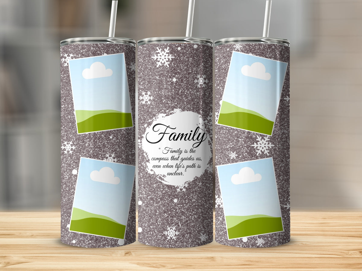 Glittery tumblers with snowflakes and inspirational quote about family.