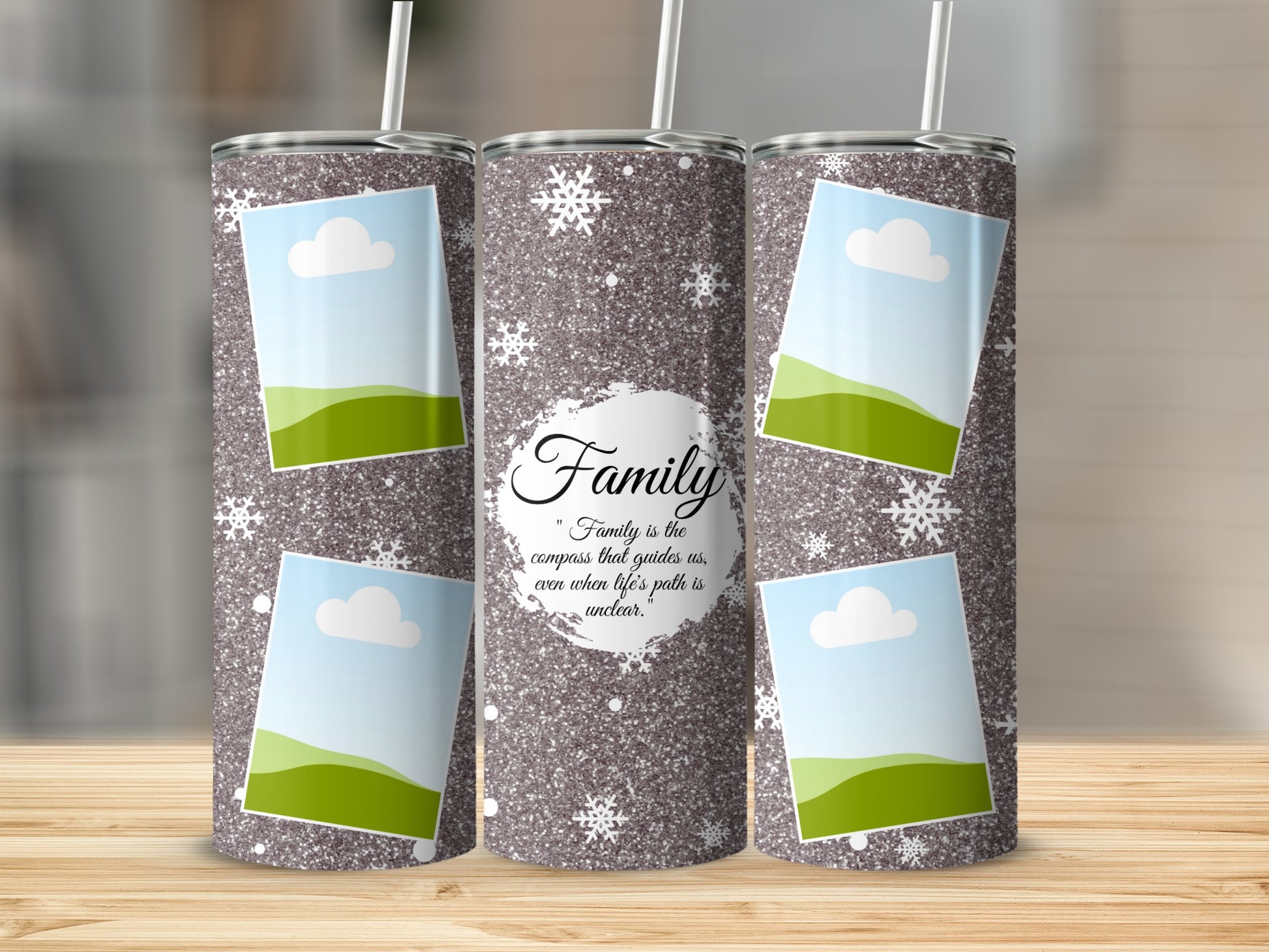 Glittery tumblers with snowflakes and inspirational quote about family.
