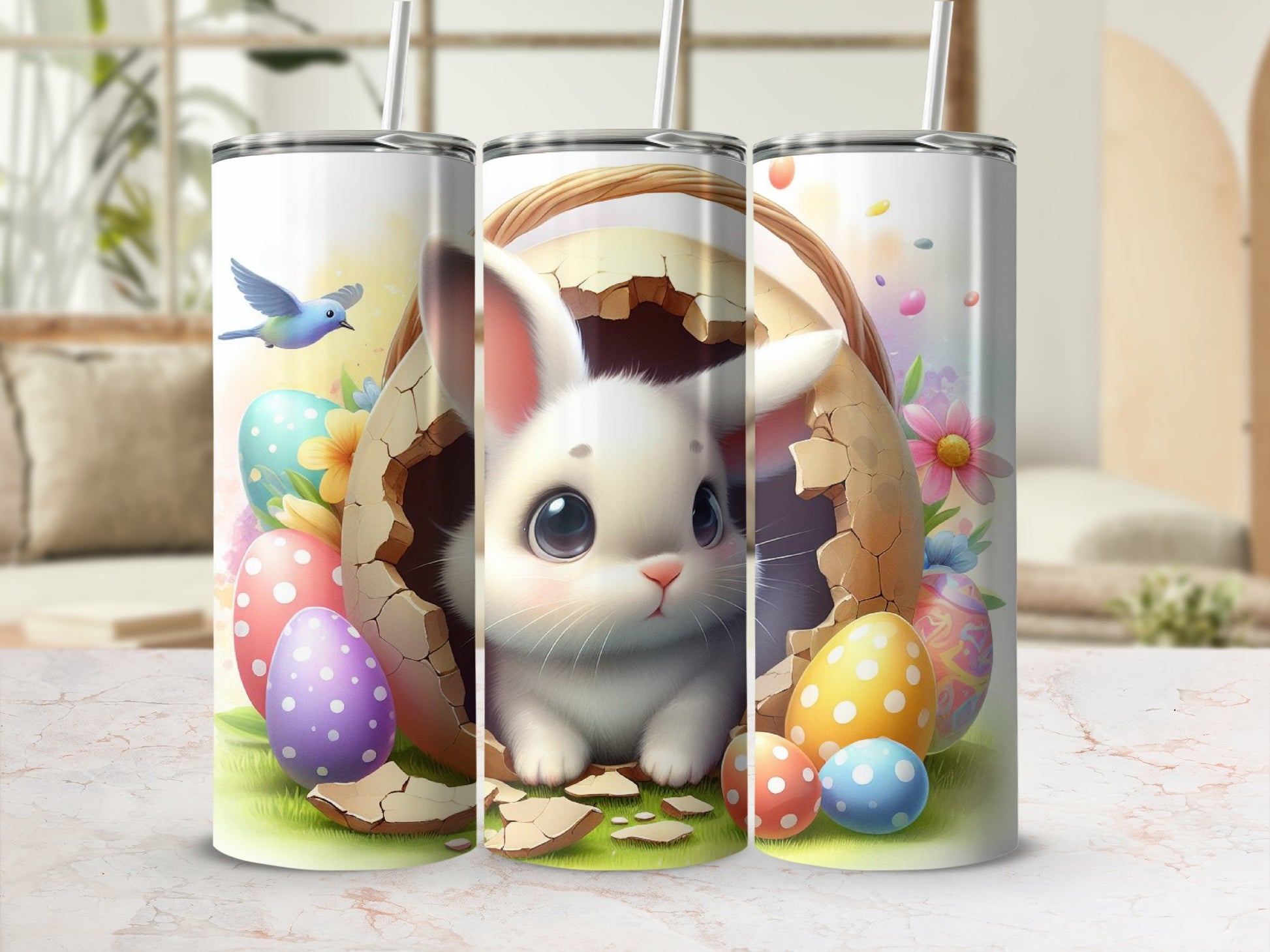 Easter bunny peeking from cracked egg with colorful eggs and bird.