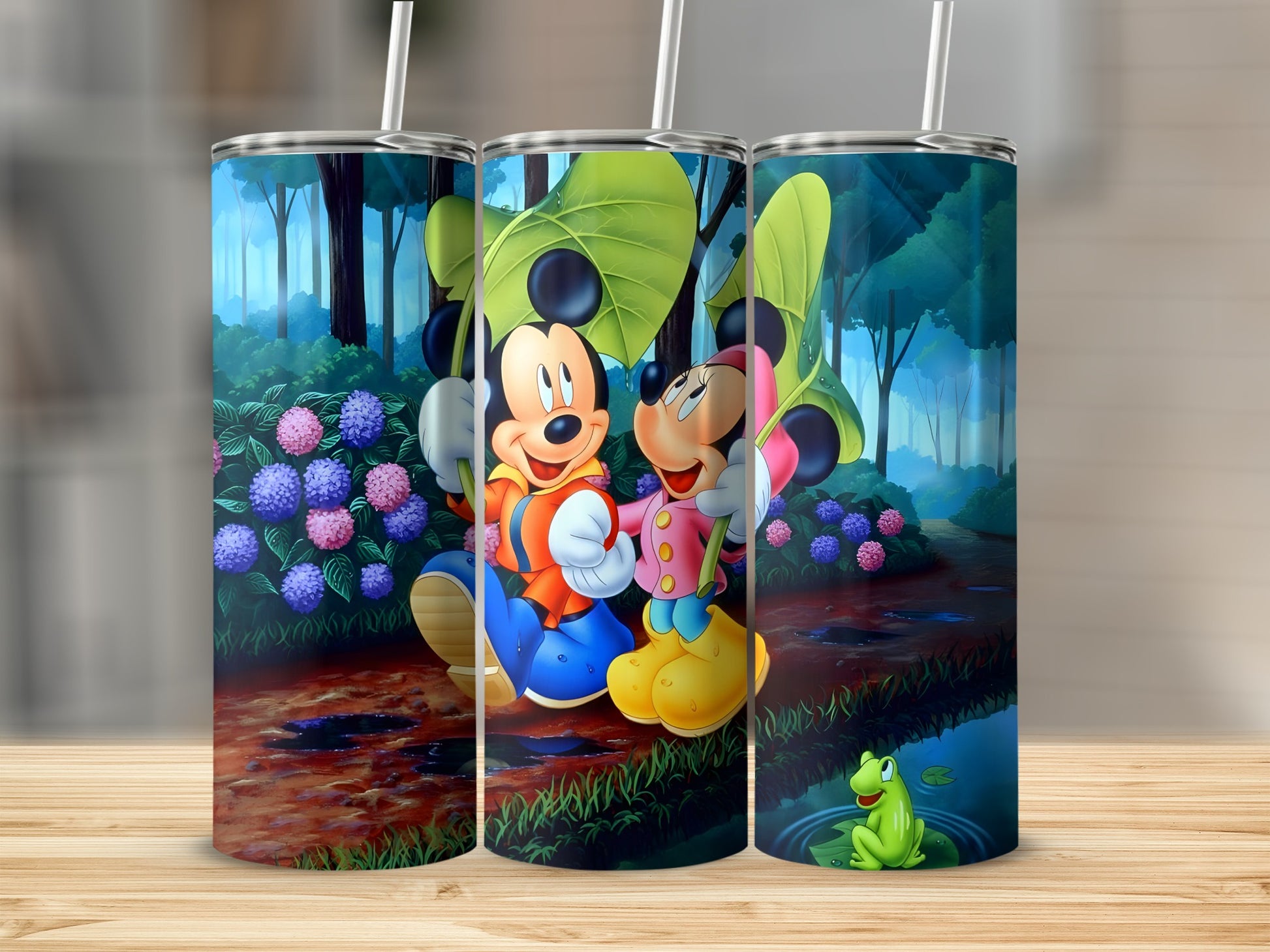 Mickey and Minnie Mouse under large leaves with hydrangeas and a frog.
