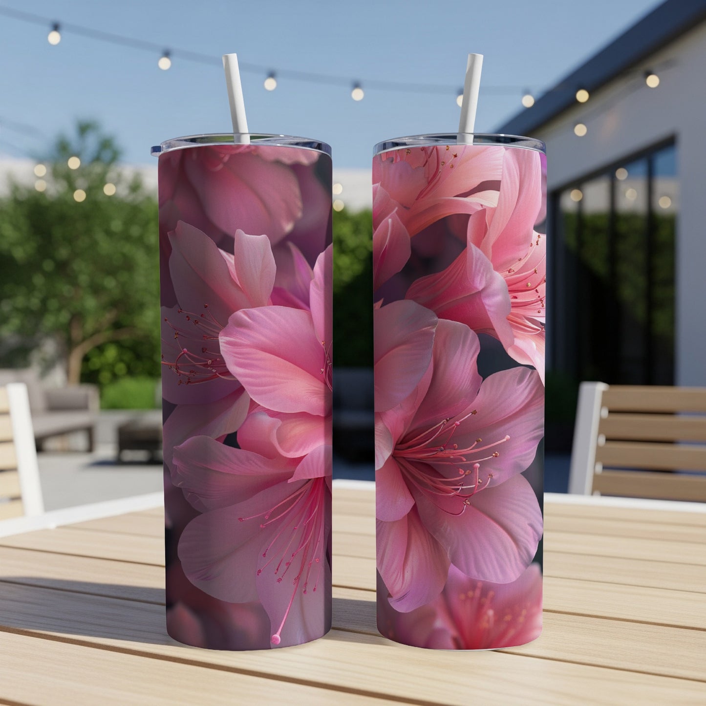 Two tumblers adorned with vibrant pink floral designs sit on a table.