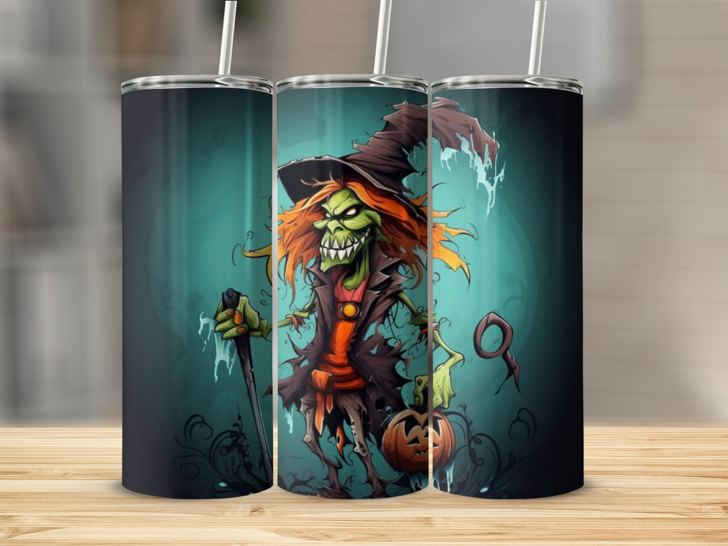 Three tumblers with a Halloween witch character and a jack-o'-lantern design.