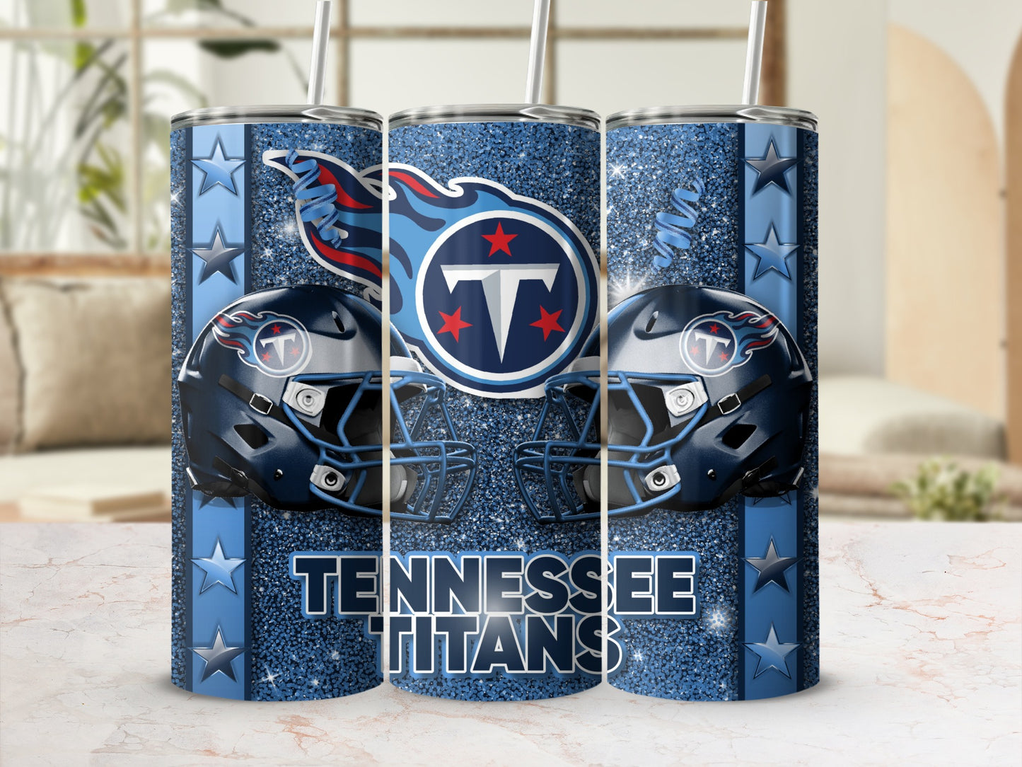 Tennessee Titans Helmets Team Logo on Blue Glitter Tumblers