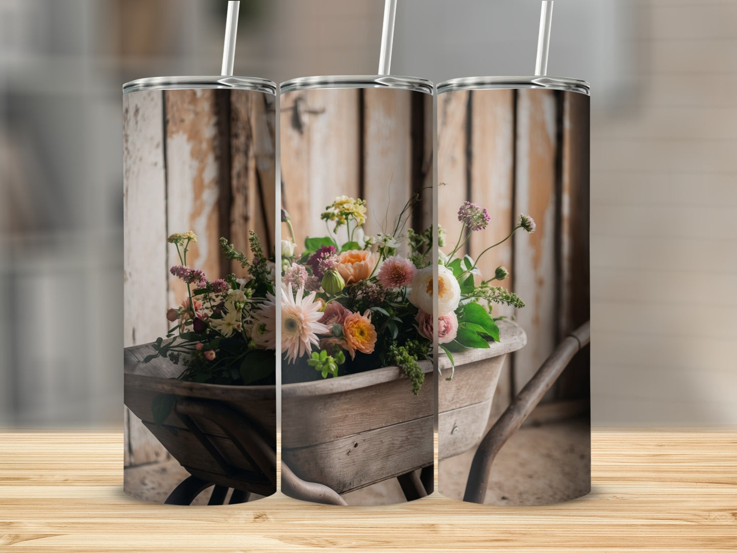 Wooden wheelbarrow overflowing with colorful flowers on a rustic wooden background.