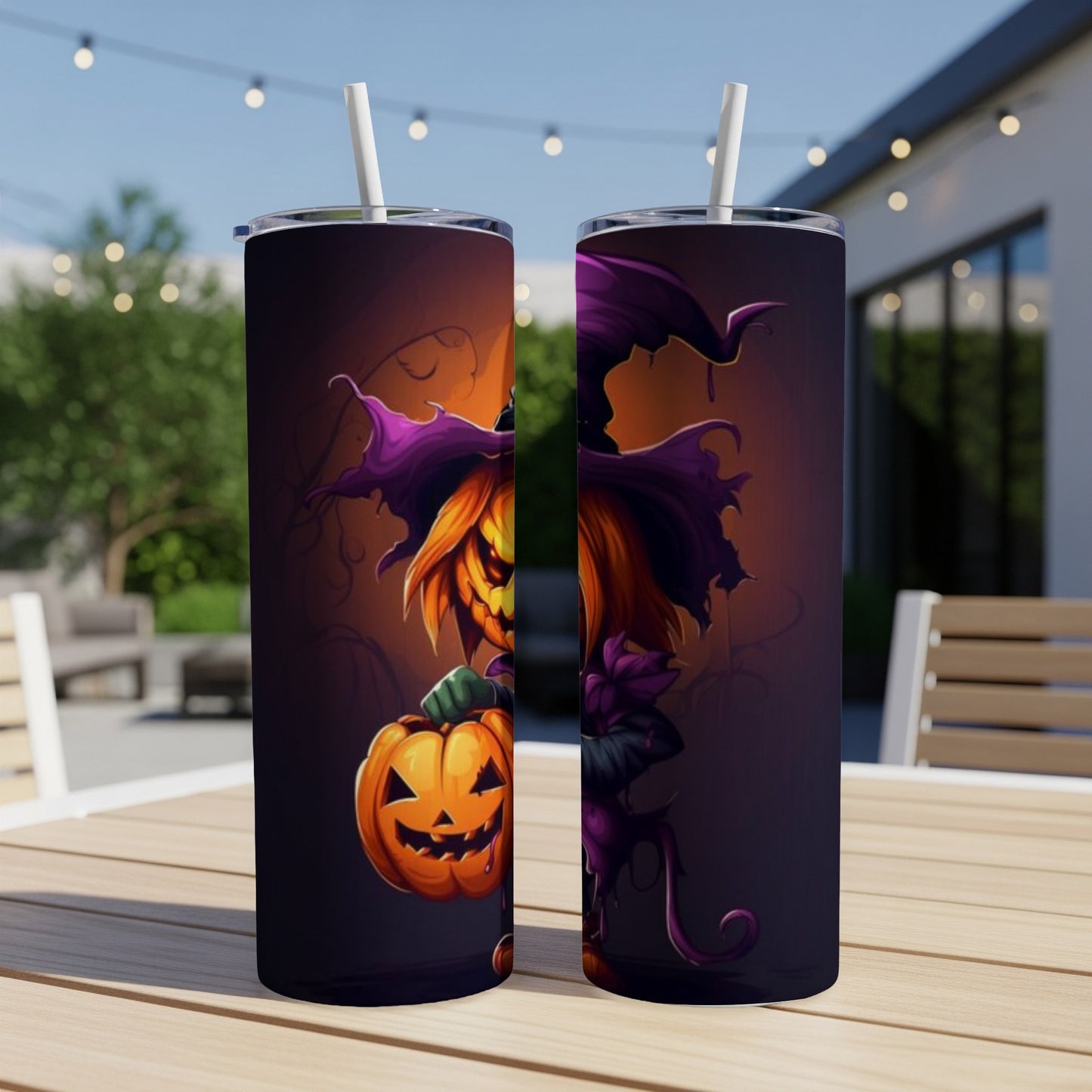Two tumblers with a Halloween scarecrow and pumpkin design, featuring purple witch hats.