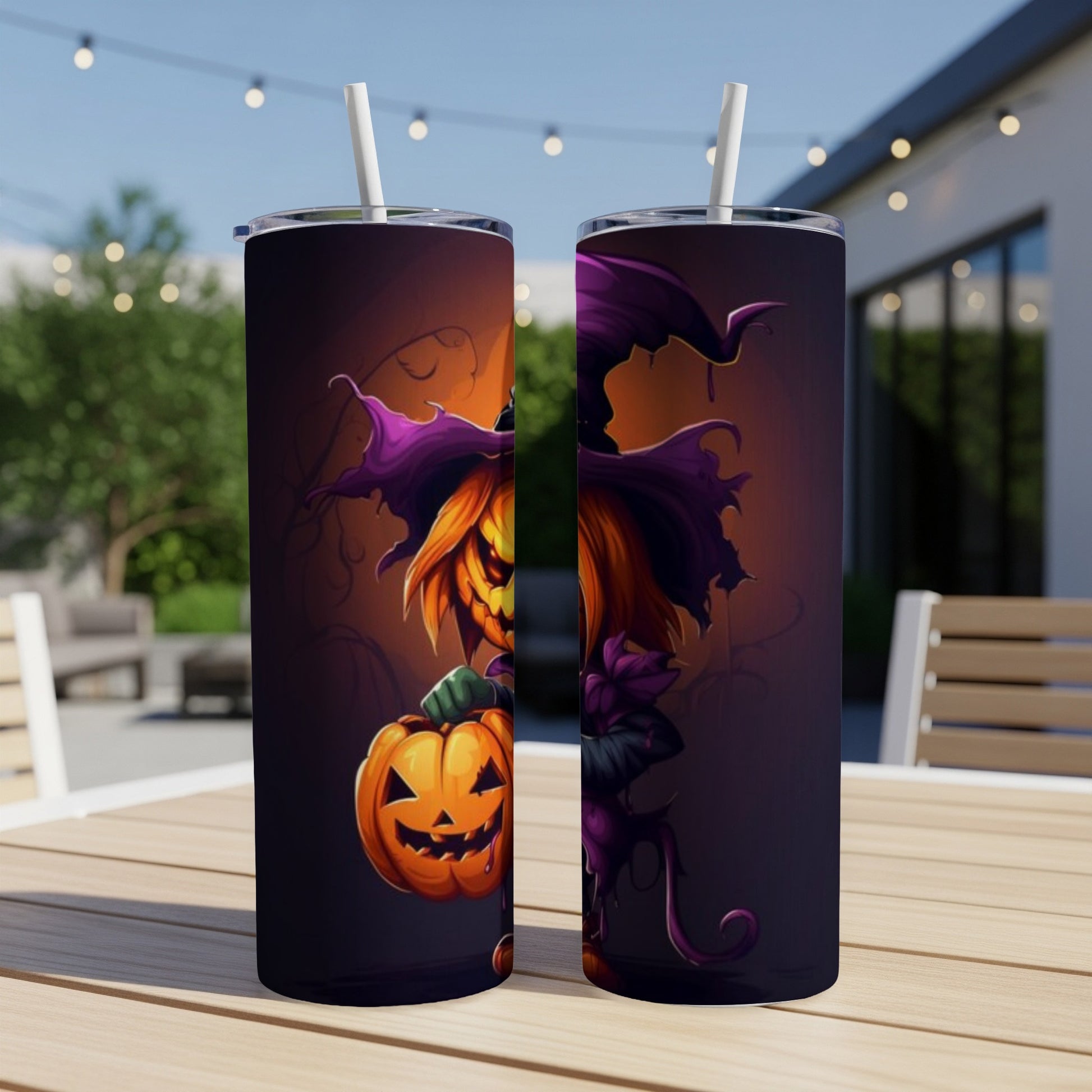 Two tumblers with a Halloween scarecrow and pumpkin design, featuring purple witch hats.
