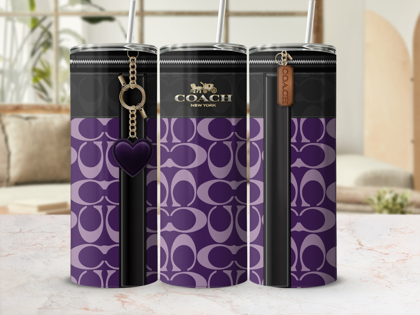 Coach Purple Pattern Tumbler With Zipper Design