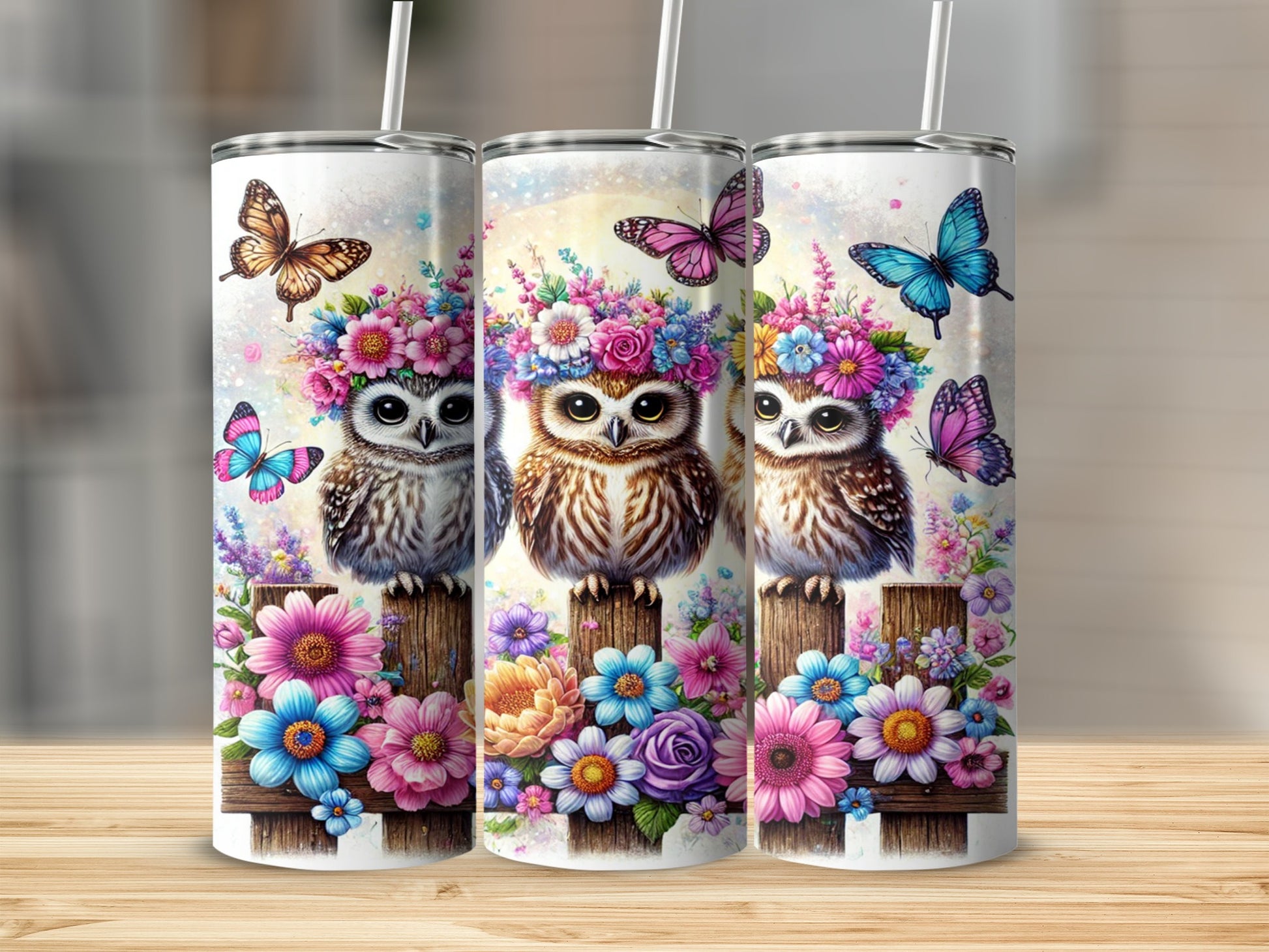 Colorful Owls and Butterflies Floral Design Tumbler
