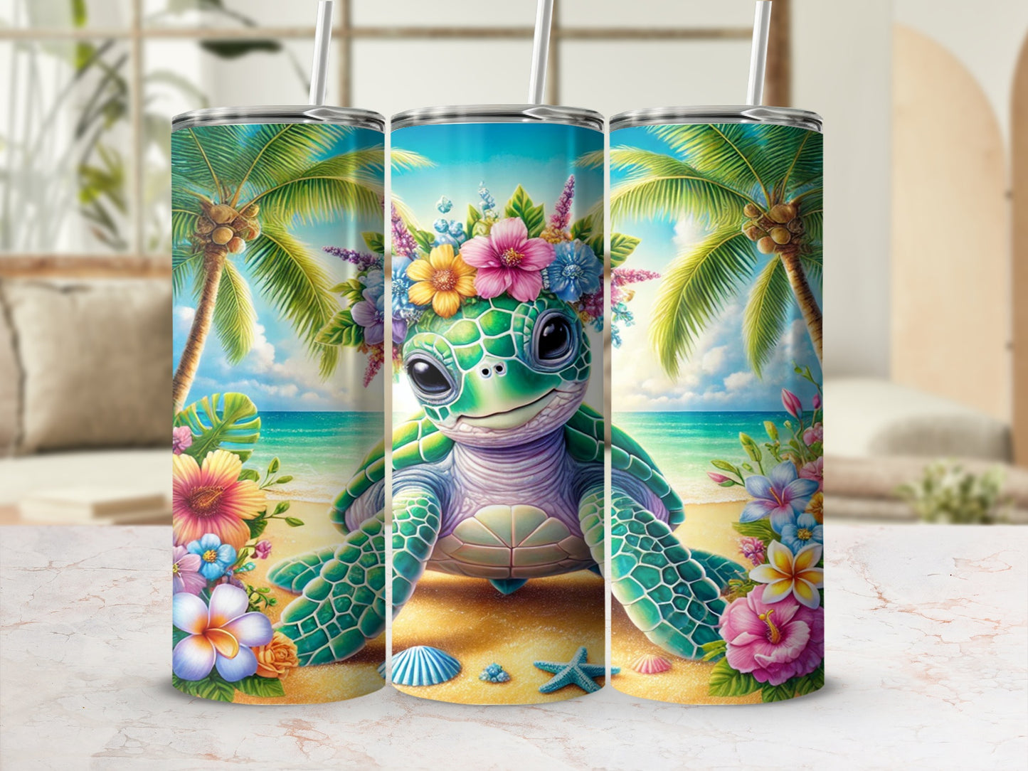 Tropical Beach Turtle Art Insulated Tumbler Cup