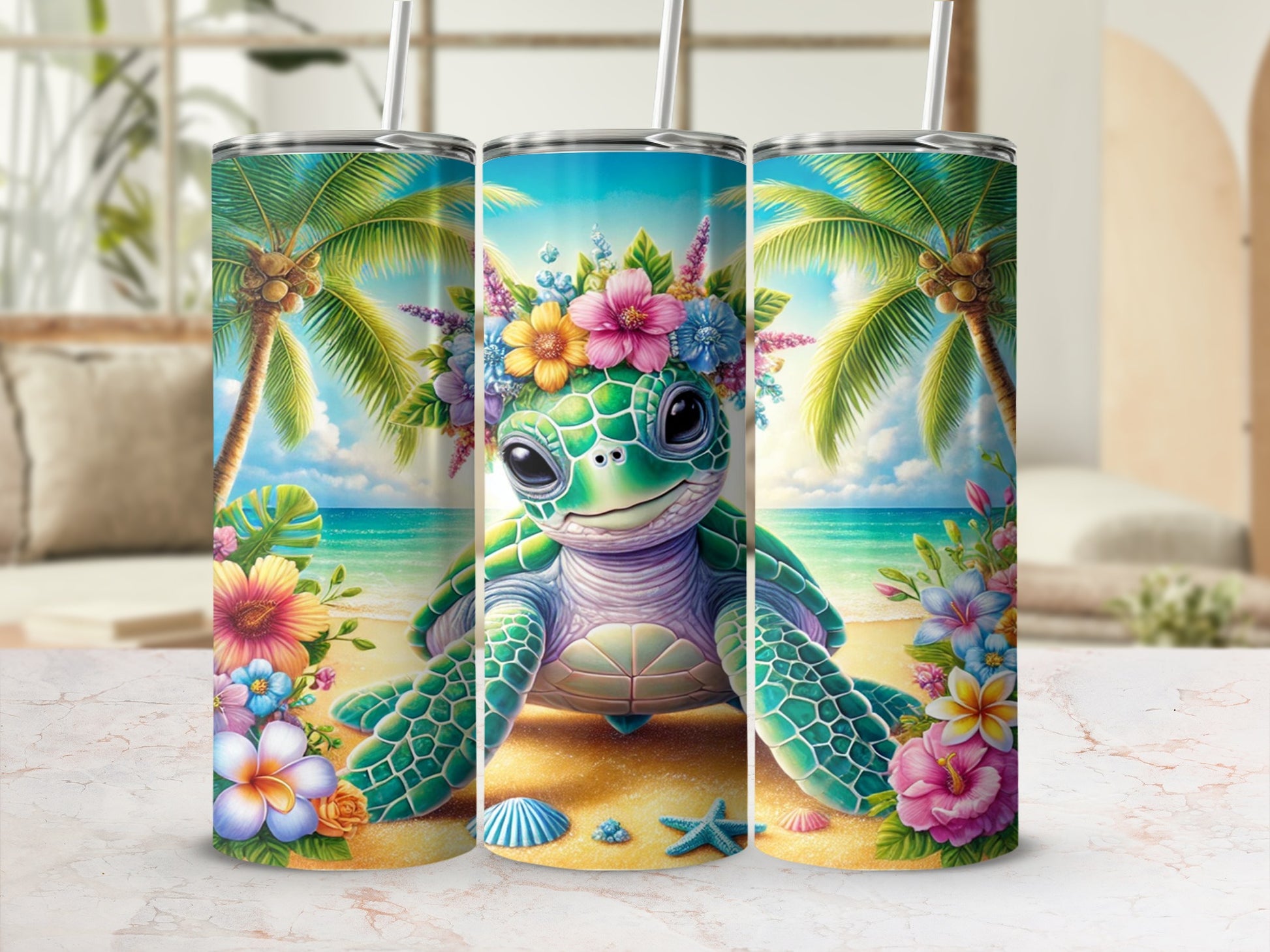 Tropical Beach Turtle Art Insulated Tumbler Cup