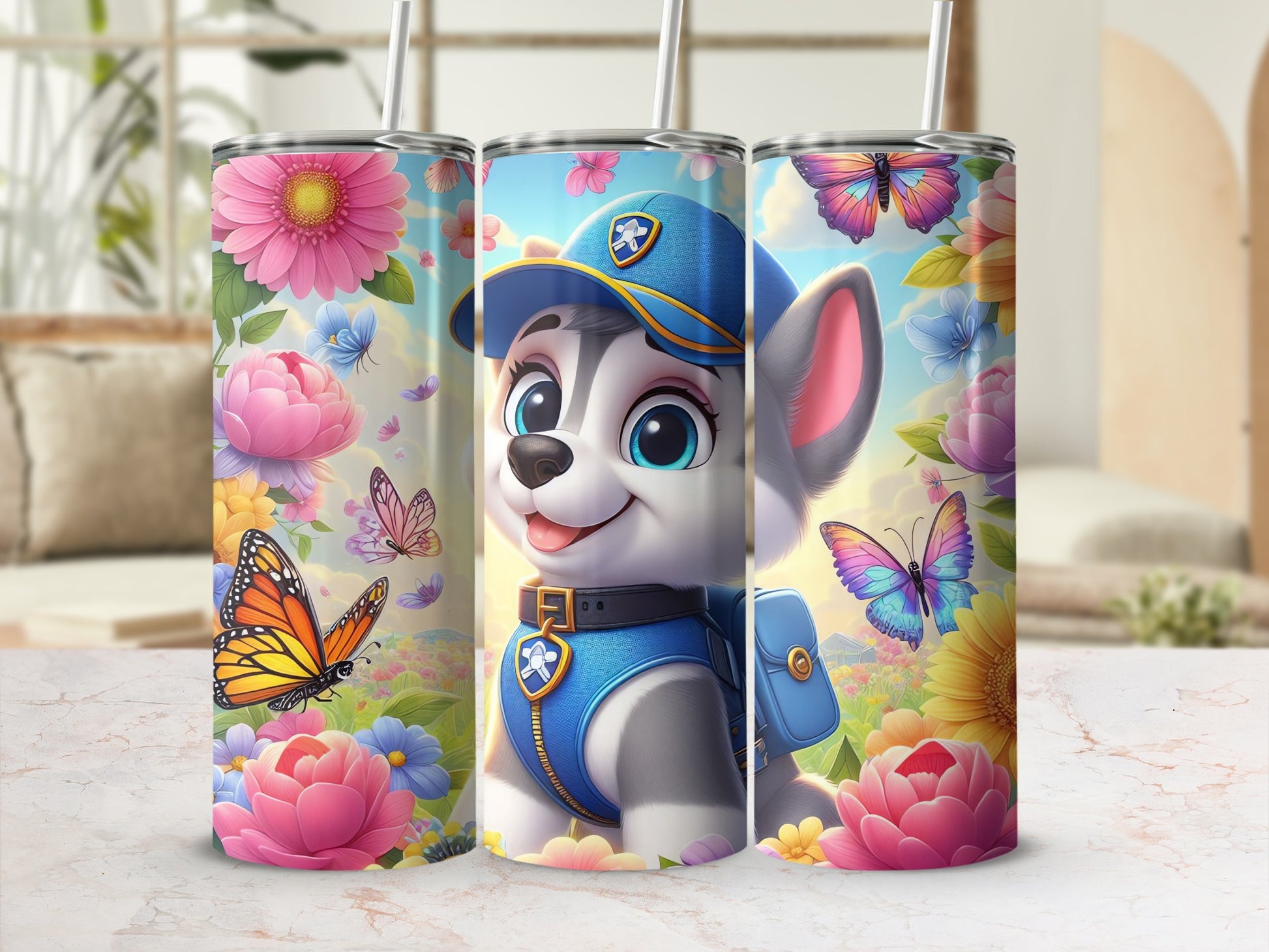 Colorful Cartoon Dog and Butterfly Insulated Tumbler