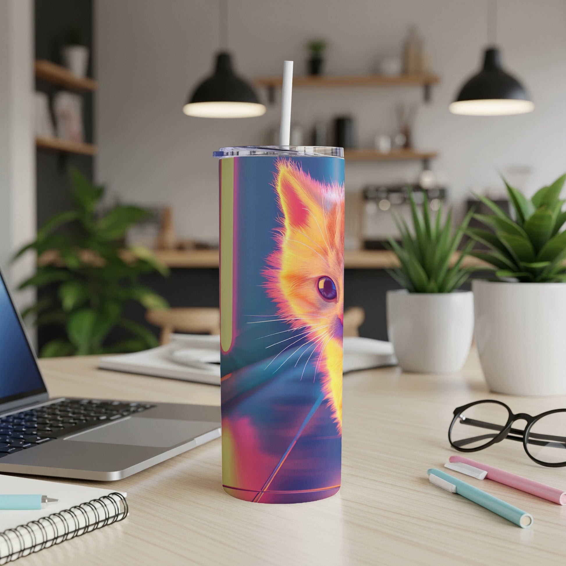 Orange and pink abstract cat design on a tall, slim tumbler with a straw.
