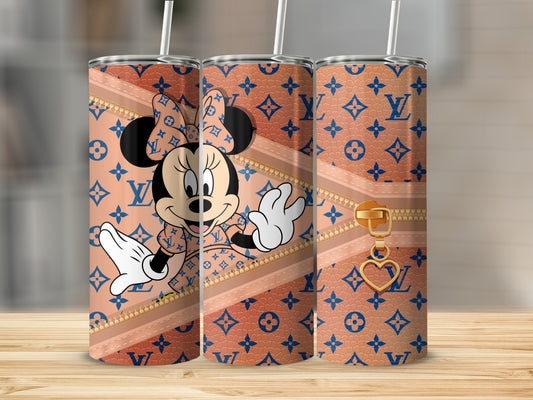 Minnie Mouse in designer pattern on a tumbler with gold zipper detail.