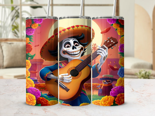 Sugar skull character playing guitar with colorful floral border.