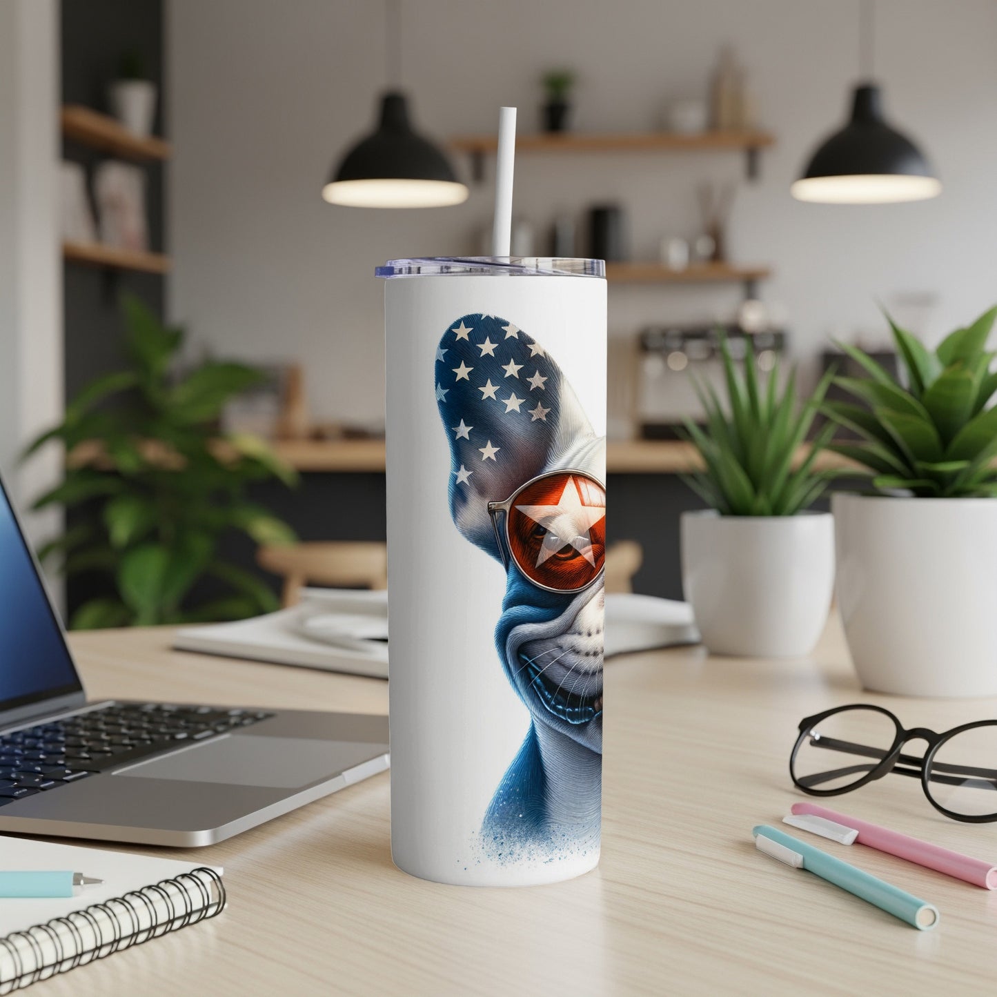 White tumbler with a bulldog wearing sunglasses and an American flag design.