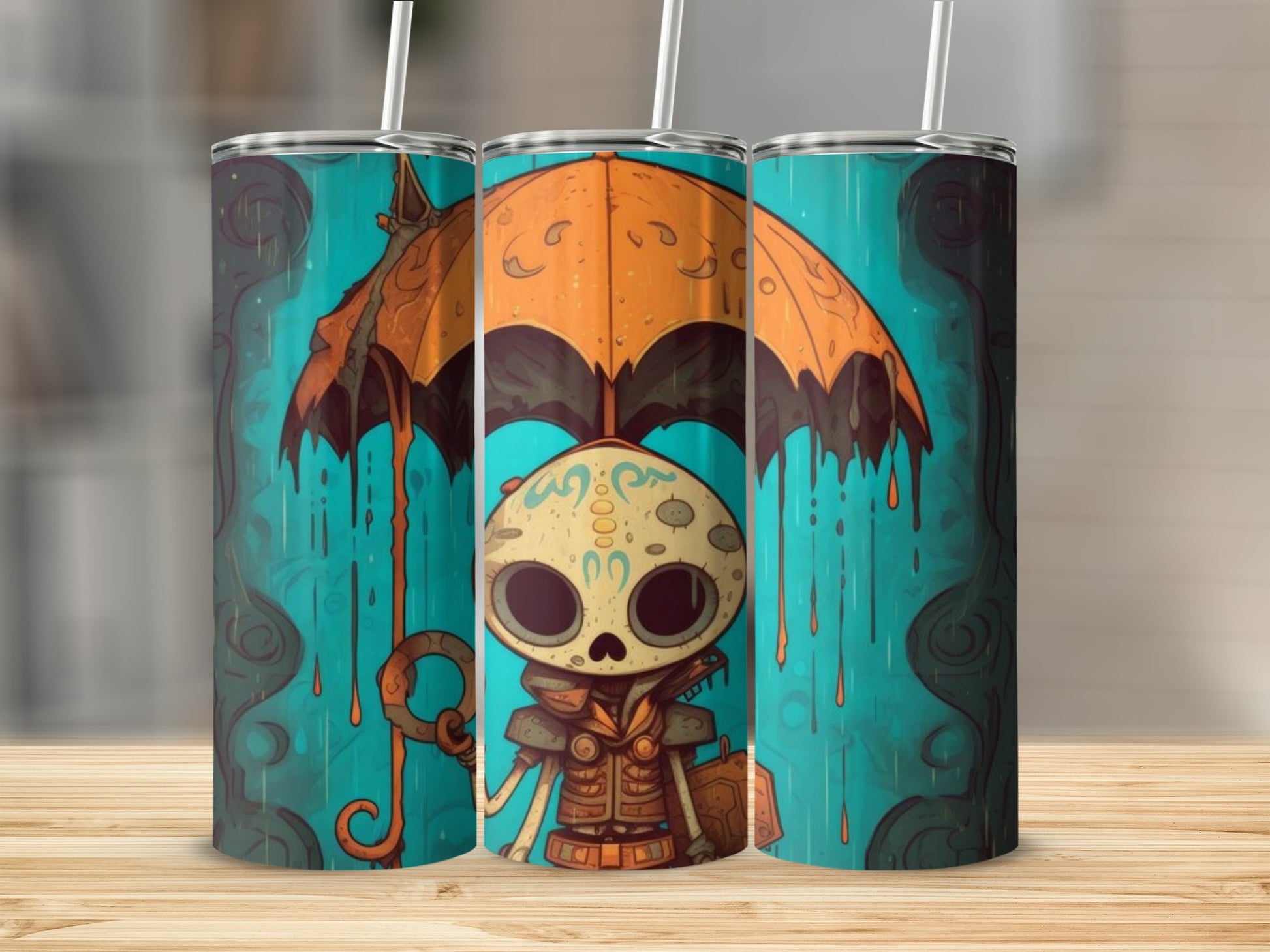 Tumbler with cartoon skeleton under orange umbrella in teal rain.