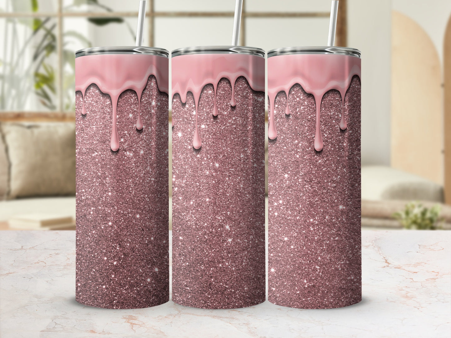 Glittering Pink Drip Design Insulated Tumbler