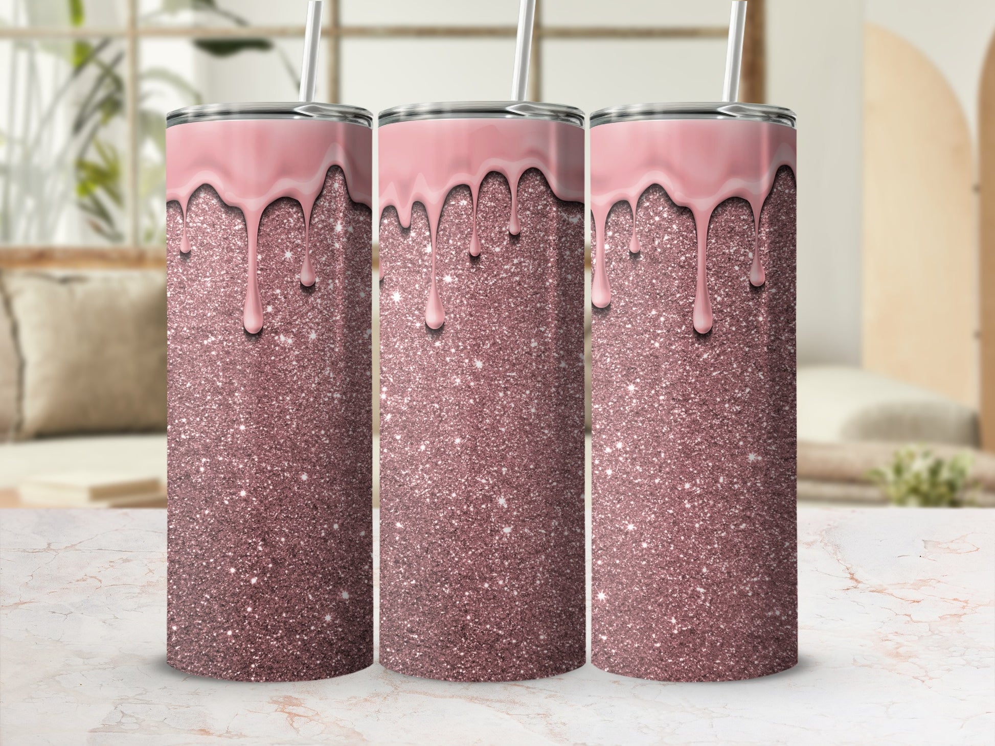 Glittering Pink Drip Design Insulated Tumbler