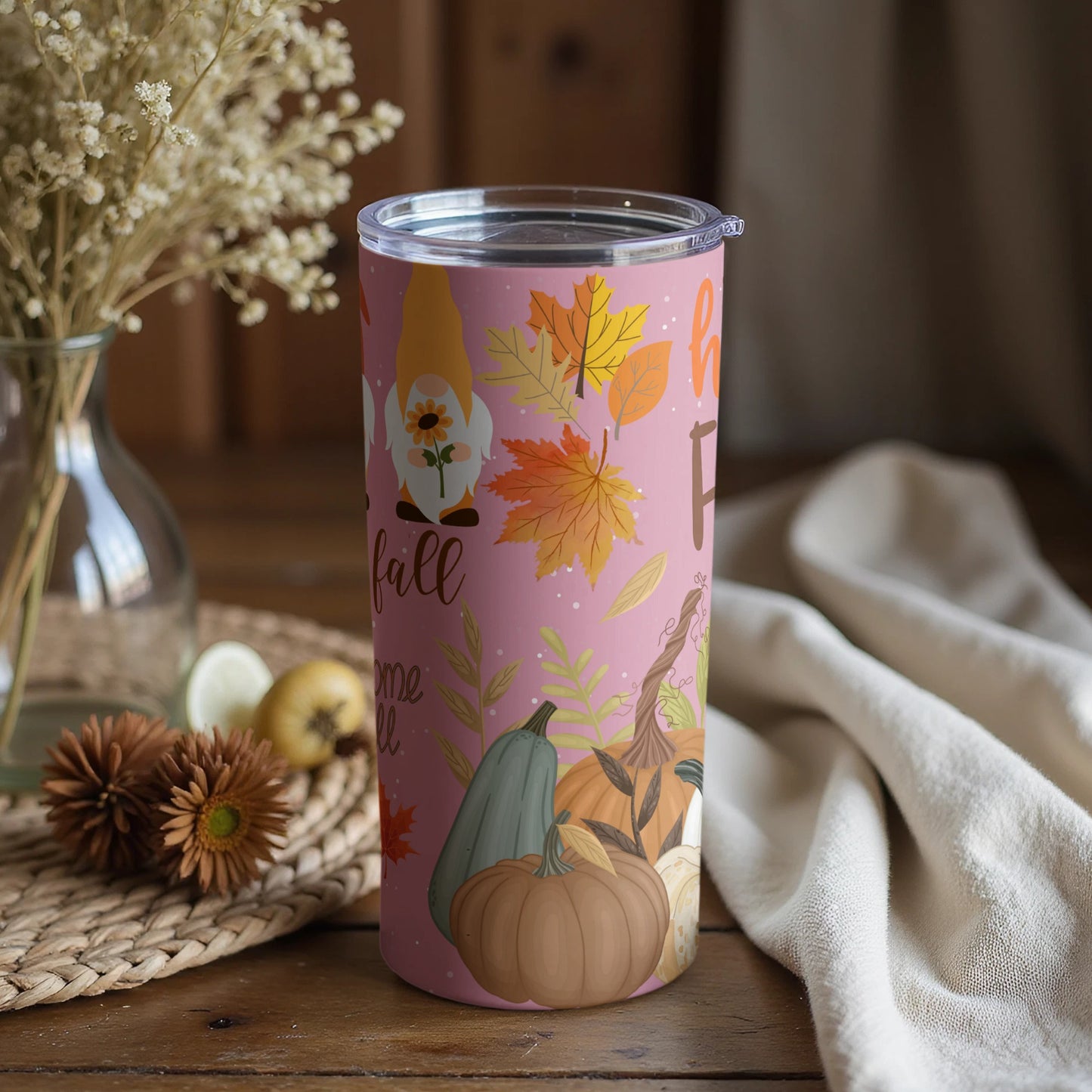 Autumn Harvest Gnome and Fall Leaves Tumbler Cup