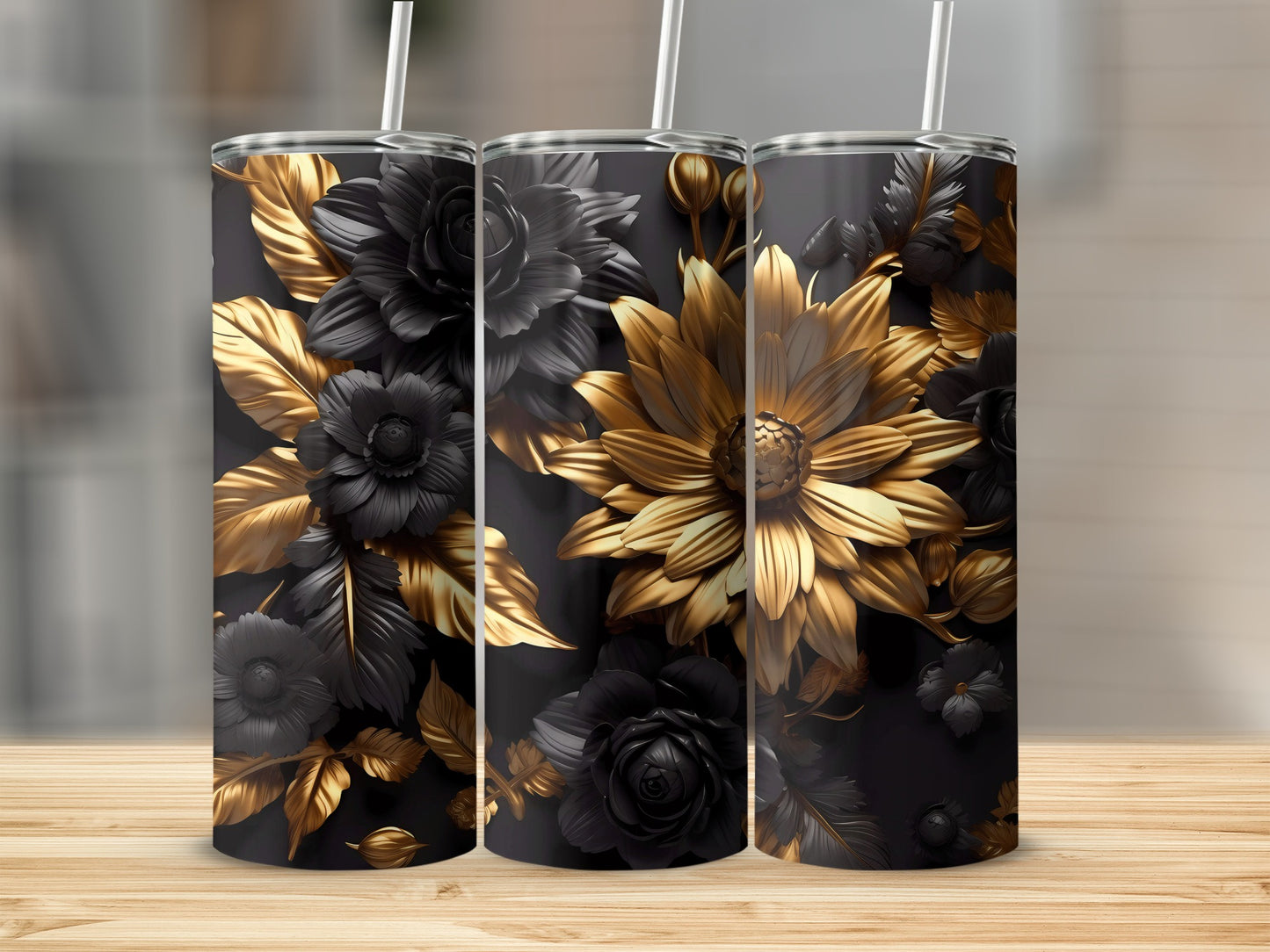 Golden and Black Floral Design Insulated Tumbler