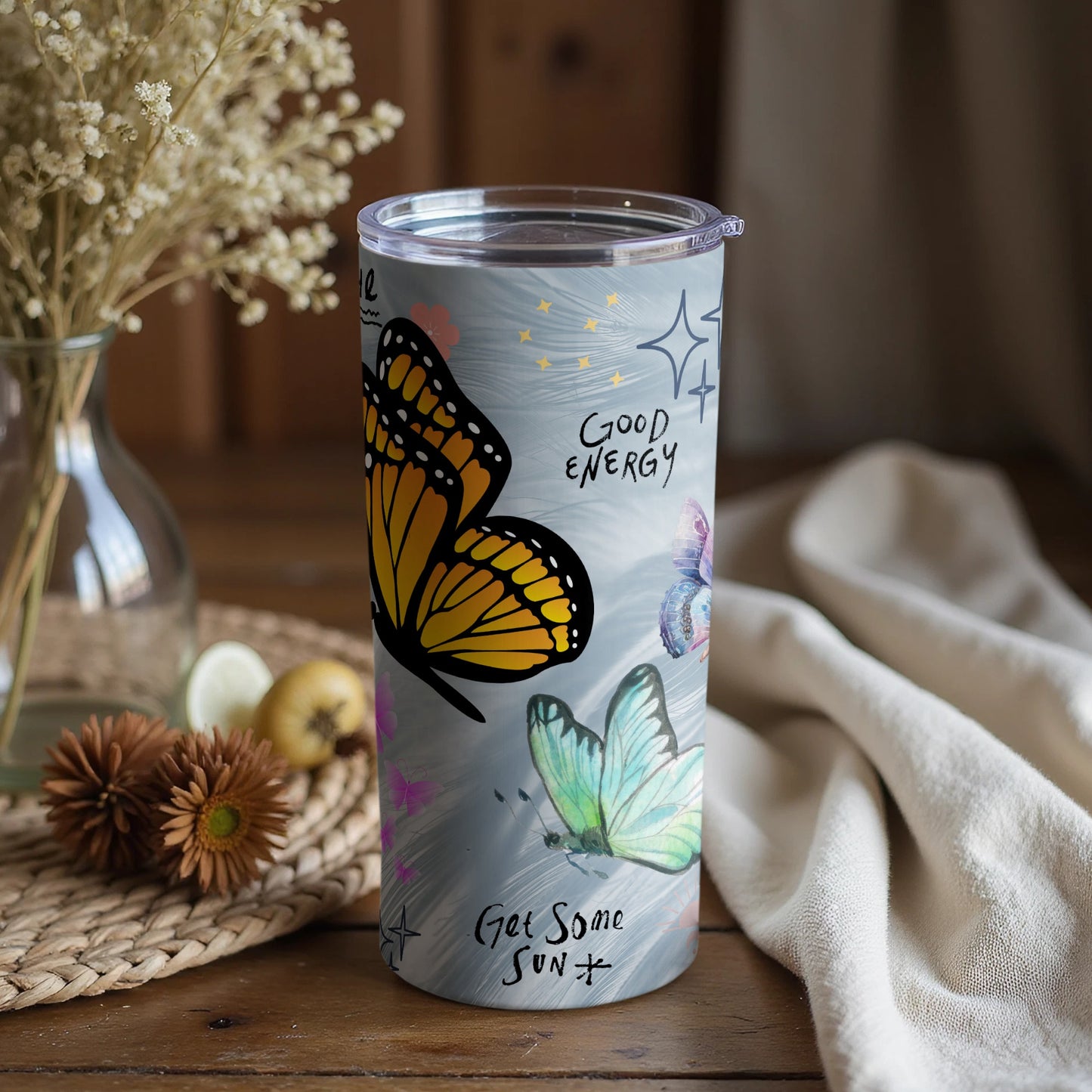 Good Energy Butterfly and Floral Design Tumbler