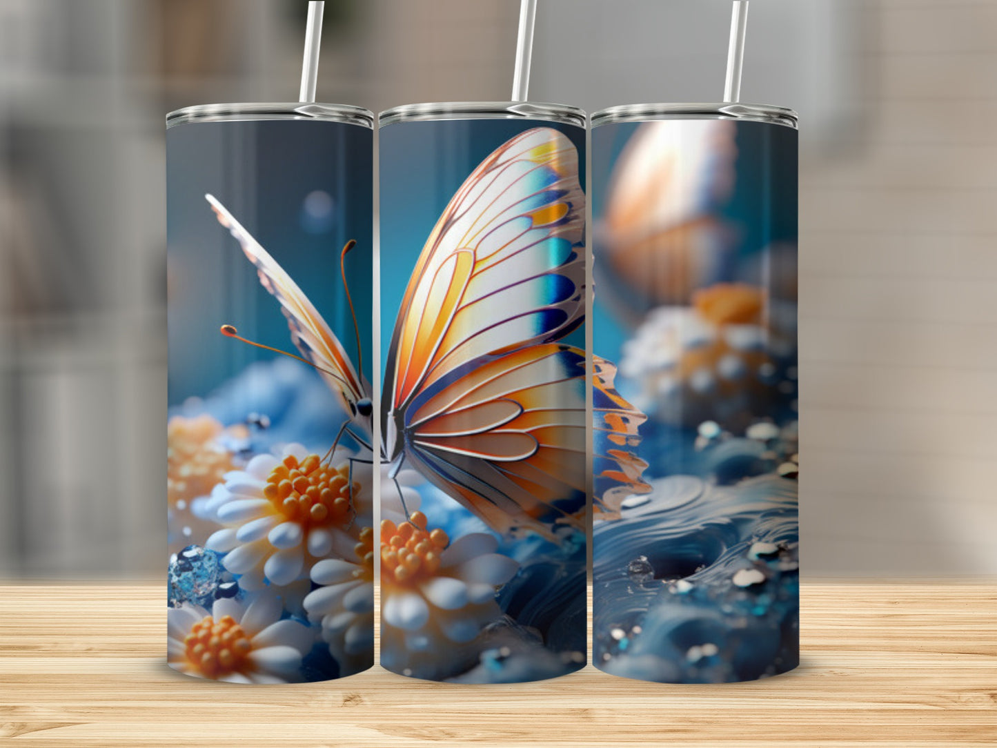 Tumbler with a vibrant butterfly and floral design.