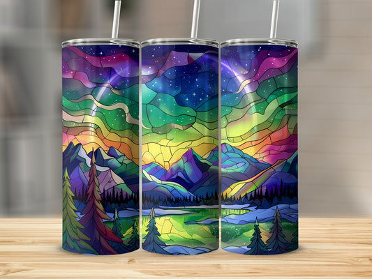 Three tumblers featuring a stained-glass aurora borealis landscape design.