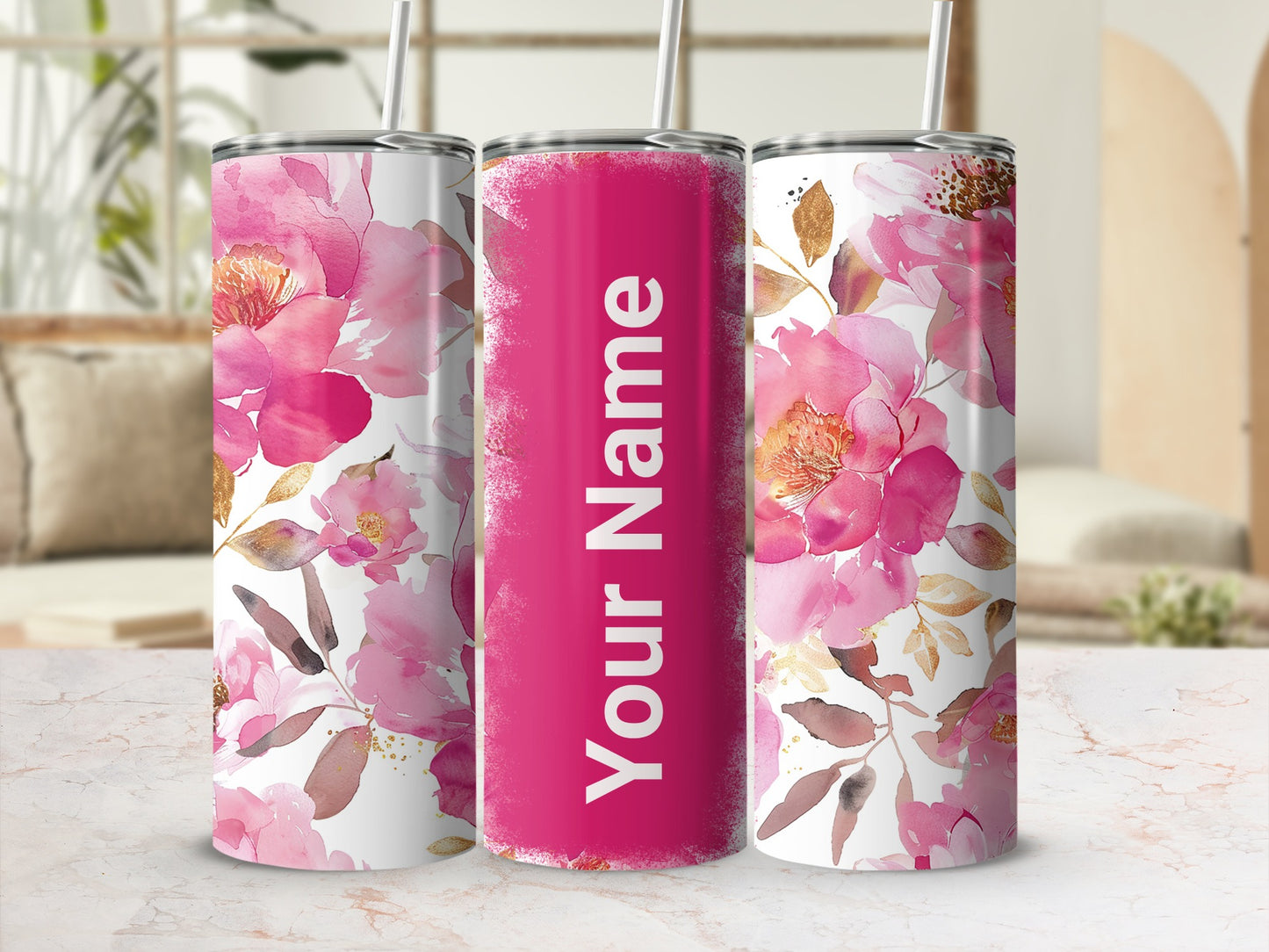 Personalized Floral Design Tumbler with Custom Name